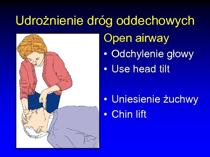 Udrożnienie dróg oddechowych Open airway • Odchylenie głowy • Use head tilt • Uniesienie