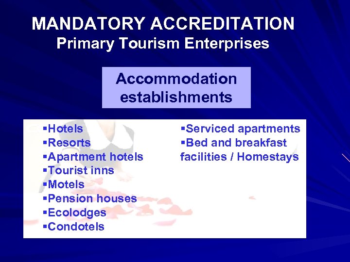 MANDATORY ACCREDITATION Primary Tourism Enterprises Accommodation establishments §Hotels §Resorts §Apartment hotels §Tourist inns §Motels