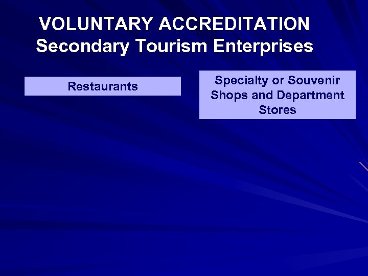 VOLUNTARY ACCREDITATION Secondary Tourism Enterprises Restaurants Specialty or Souvenir Shops and Department Stores 