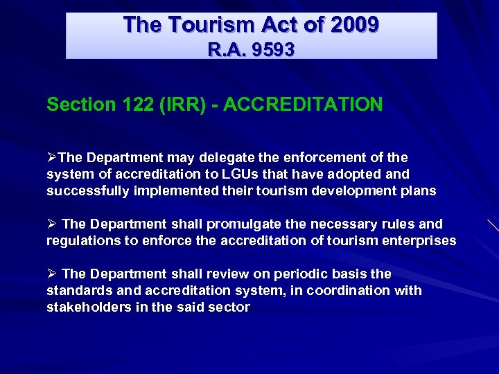 DEPARTMENT OF TOURISM STANDARDS AND REGULATION POWERS