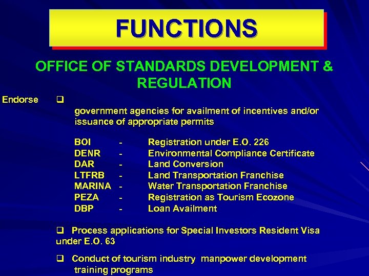 FUNCTIONS OFFICE OF STANDARDS DEVELOPMENT & REGULATION Endorse q government agencies for availment of