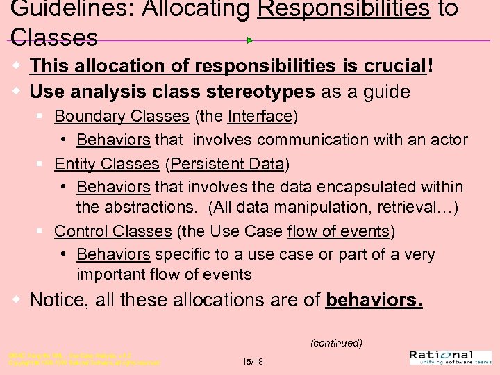 Guidelines: Allocating Responsibilities to Classes w This allocation of responsibilities is crucial! w Use