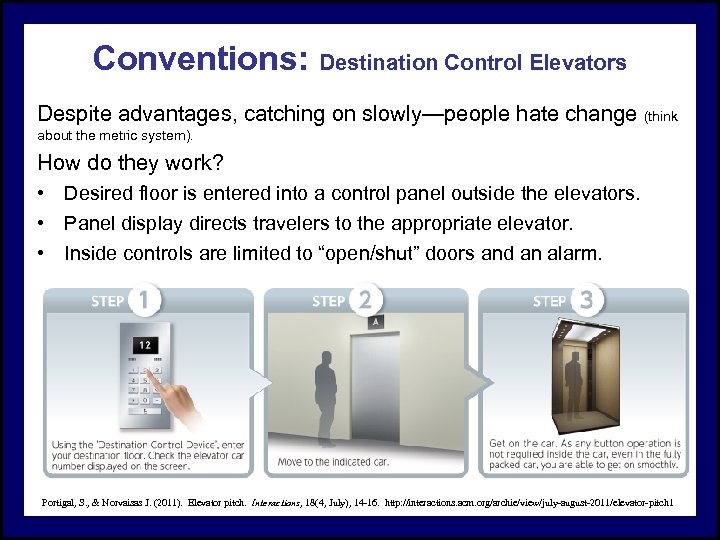 Conventions: Destination Control Elevators Despite advantages, catching on slowly—people hate change (think about the