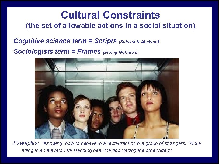 Cultural Constraints (the set of allowable actions in a social situation) Cognitive science term