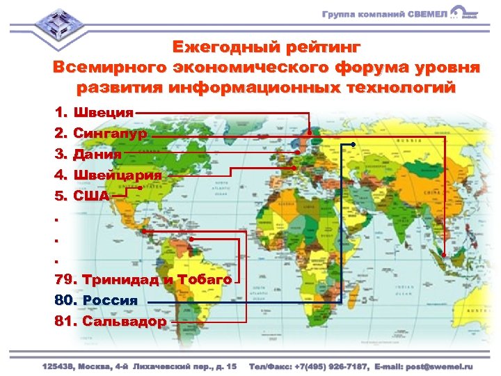 Ежегодный рейтинг Всемирного экономического форума уровня развития информационных технологий 1. Швеция 2. Сингапур 3.