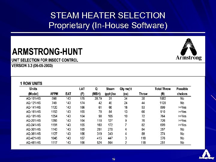 STEAM HEATER SELECTION Proprietary (In-House Software) 19 