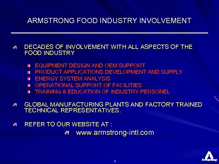 ARMSTRONG FOOD INDUSTRY INVOLVEMENT DECADES OF INVOLVEMENT WITH ALL ASPECTS OF THE FOOD INDUSTRY