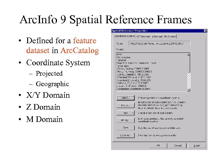 Arc. Info 9 Spatial Reference Frames • Defined for a feature dataset in Arc.