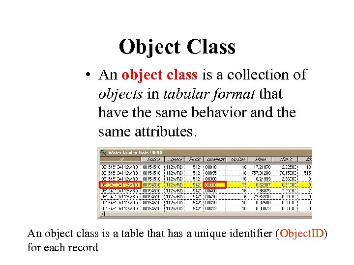 Object Class • An object class is a collection of objects in tabular format