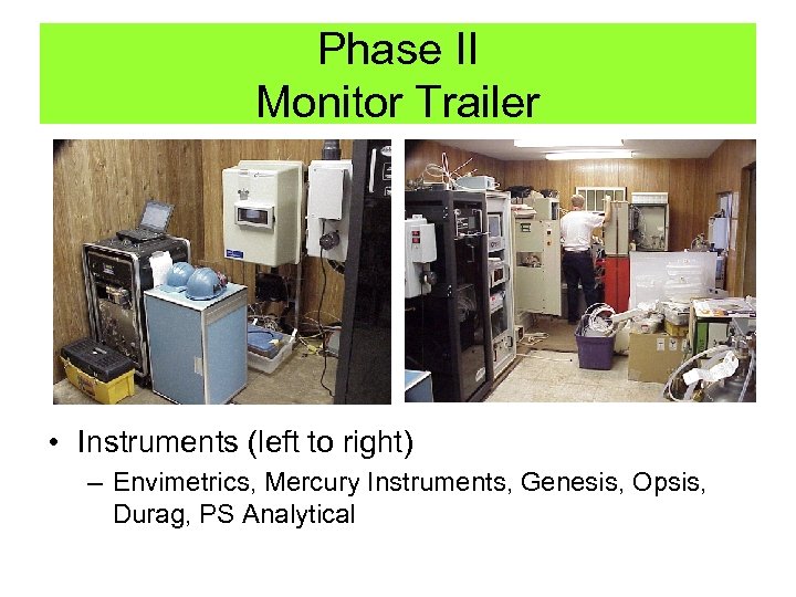 Phase II Monitor Trailer • Instruments (left to right) – Envimetrics, Mercury Instruments, Genesis,
