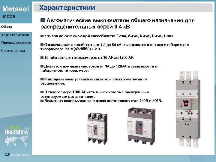 Metasol MCCB Обзор Характеристики Принадлежности Сертификаты Характеристики Автоматические выключатели общего назначения для распределительных серей