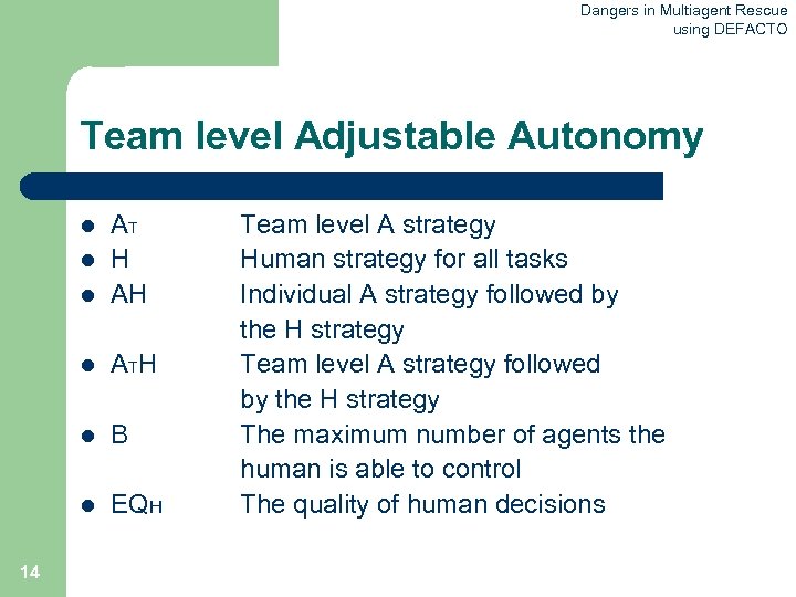 Dangers in Multiagent Rescue using DEFACTO Team level Adjustable Autonomy l AT H AH