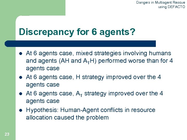 Dangers in Multiagent Rescue using DEFACTO Discrepancy for 6 agents? l l 23 At