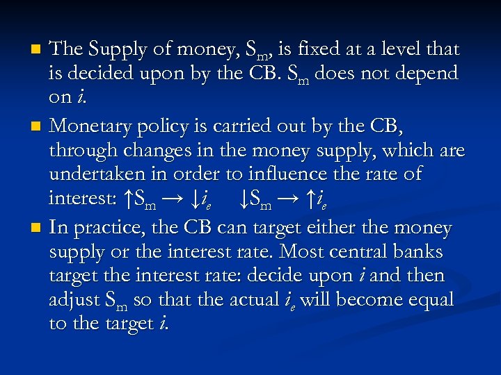 The Supply of money, Sm, is fixed at a level that is decided upon