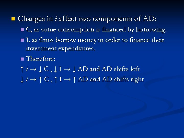 n Changes in i affect two components of AD: C, as some consumption is