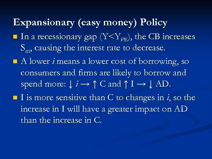 Expansionary (easy money) Policy In a recessionary gap (Y<YFE), the CB increases Sm, causing