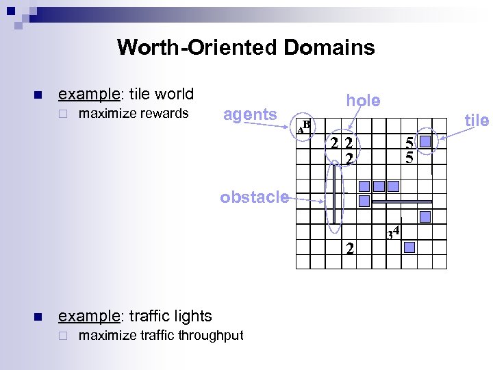 Worth-Oriented Domains n example: tile world ¨ maximize rewards agents hole B A tile