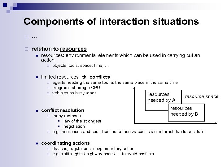 Components of interaction situations ¨ … ¨ relation to resources n resources: environmental elements