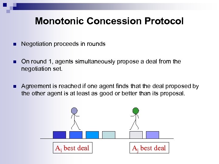 Monotonic Concession Protocol n Negotiation proceeds in rounds n On round 1, agents simultaneously