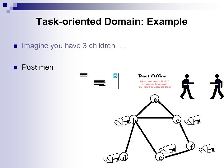 Task-oriented Domain: Example n Imagine you have 3 children, … n Post men Post