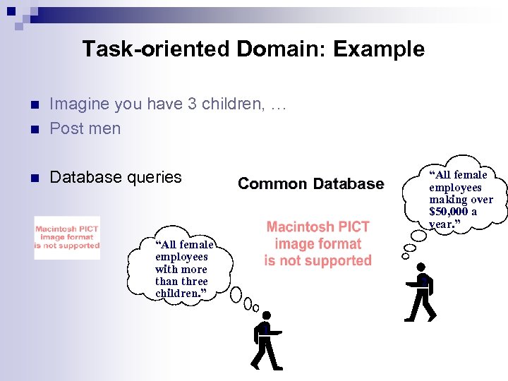 Task-oriented Domain: Example n Imagine you have 3 children, … Post men n Database