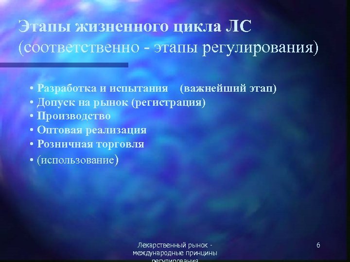 Этапы жизненного цикла ЛС (соответственно - этапы регулирования) • Разработка и испытания (важнейший этап)