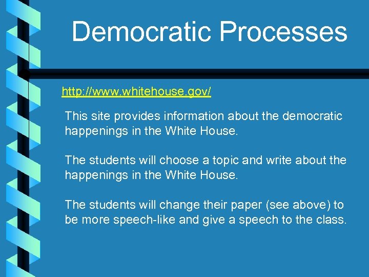 Democratic Processes http: //www. whitehouse. gov/ This site provides information about the democratic happenings