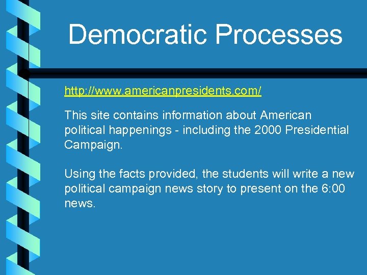 Democratic Processes http: //www. americanpresidents. com/ This site contains information about American political happenings