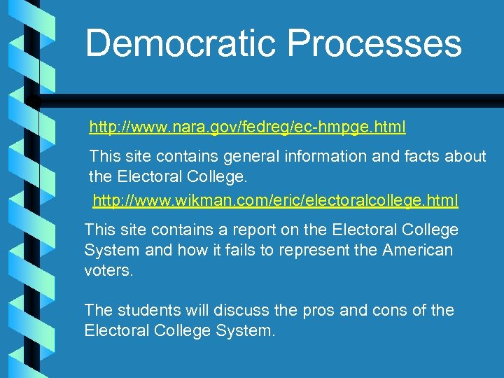 Democratic Processes http: //www. nara. gov/fedreg/ec-hmpge. html This site contains general information and facts