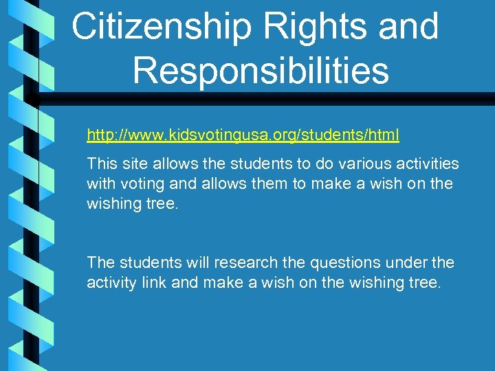 Citizenship Rights and Responsibilities http: //www. kidsvotingusa. org/students/html This site allows the students to