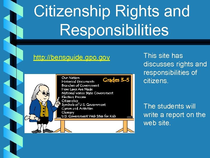 Citizenship Rights and Responsibilities http: //bensguide. gpo. gov This site has discusses rights and