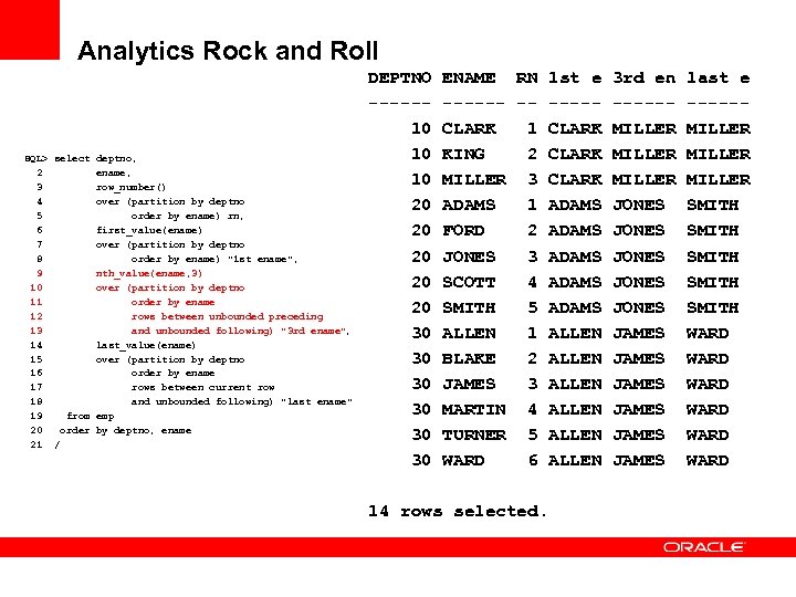 Analytics Rock and Roll SQL> select deptno, 2 ename, 3 row_number() 4 over (partition