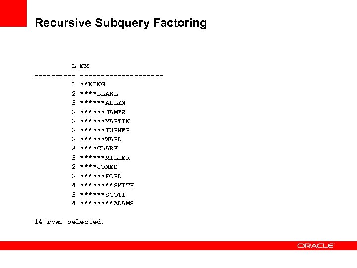 Recursive Subquery Factoring L NM --------------- 1 **KING 2 ****BLAKE 3 ******ALLEN 3 ******JAMES