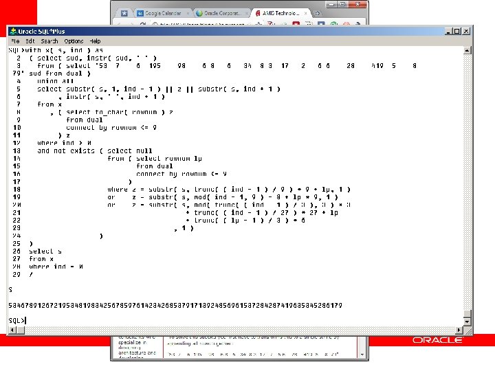 Recursive Subquery Factoring • ANSI SQL replacement for connect by • Can be –