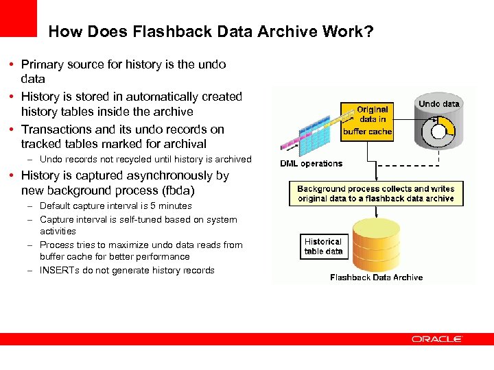 How Does Flashback Data Archive Work? • Primary source for history is the undo