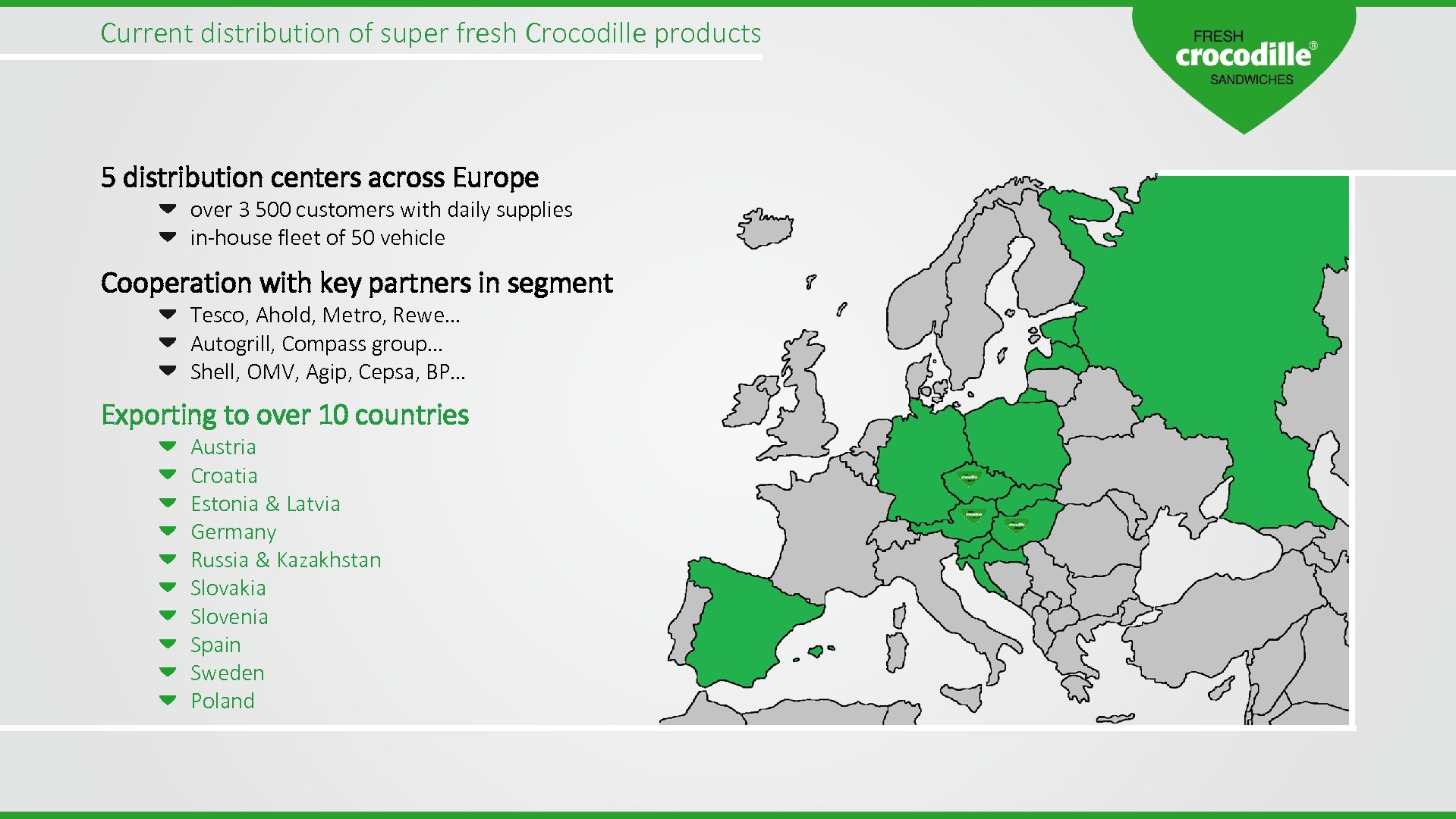 Current distribution of super fresh Crocodille products 5 distribution centers across Europe over 3