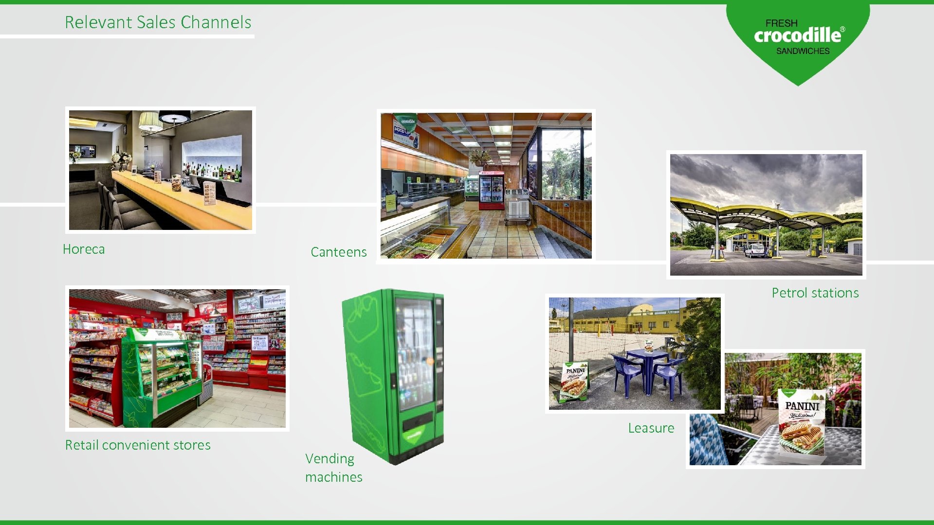 Relevant Sales Channels Horeca Canteens Petrol stations Retail convenient stores Leasure Vending machines 