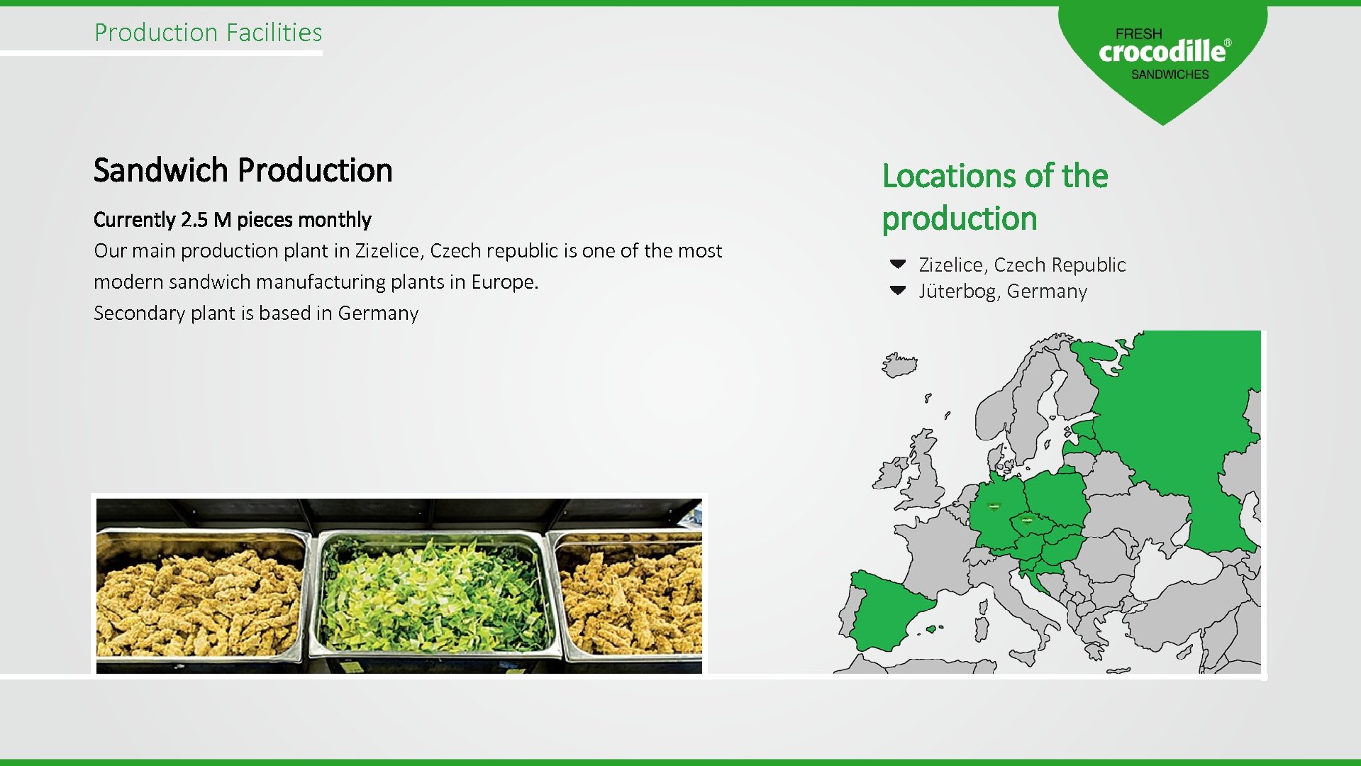 Production Facilities Sandwich Production Currently 2. 5 M pieces monthly Our main production plant