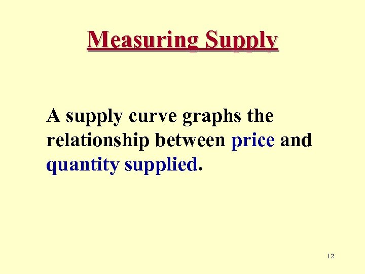 Measuring Supply A supply curve graphs the relationship between price and quantity supplied. 12