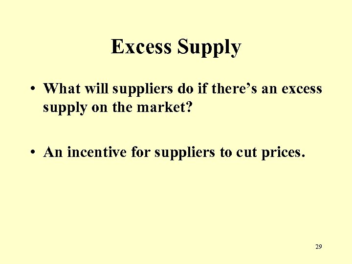 Excess Supply • What will suppliers do if there’s an excess supply on the