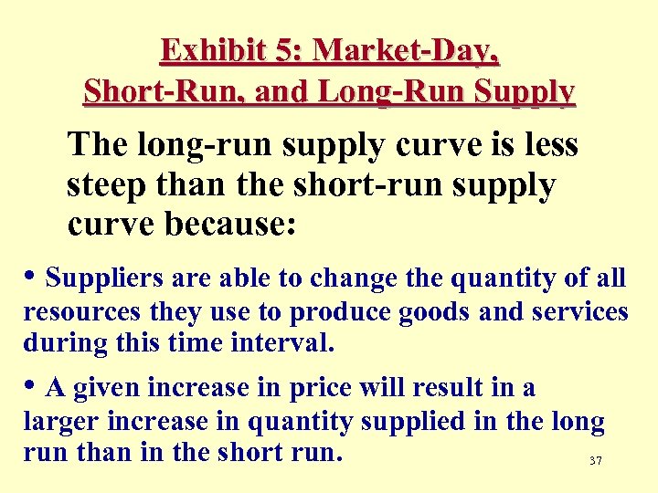 Exhibit 5: Market-Day, Short-Run, and Long-Run Supply The long-run supply curve is less steep
