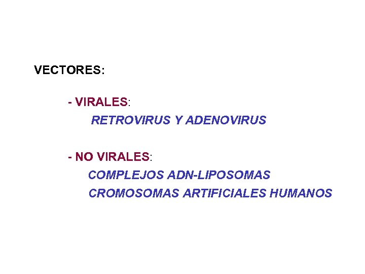 VECTORES: - VIRALES: RETROVIRUS Y ADENOVIRUS - NO VIRALES: COMPLEJOS ADN-LIPOSOMAS CROMOSOMAS ARTIFICIALES HUMANOS