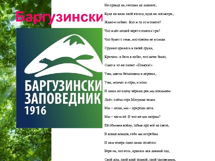Не правда ли, сегодня на планете, Баргузинский заповедник Куда ни кинь свой взгляд, куда