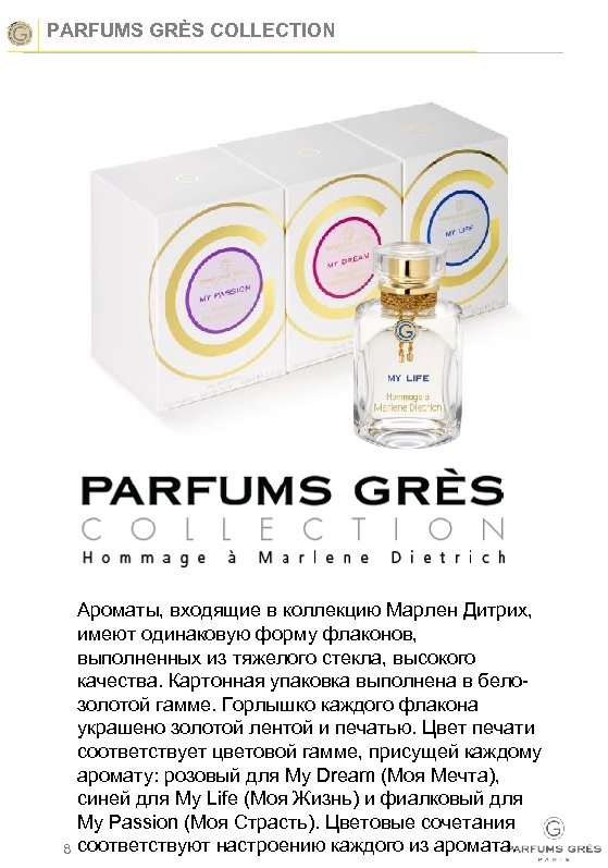 PARFUMS GRÈS COLLECTION 8 Ароматы, входящие в коллекцию Марлен Дитрих, имеют одинаковую форму флаконов,