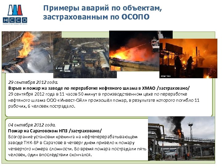 Примеры аварий по объектам, застрахованным по ОСОПО 29 сентября 2012 года. Взрыв и пожар