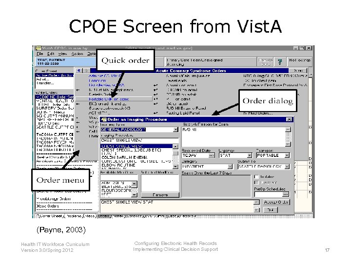 CPOE Screen from Vist. A (Payne, 2003) Health IT Workforce Curriculum Version 3. 0/Spring