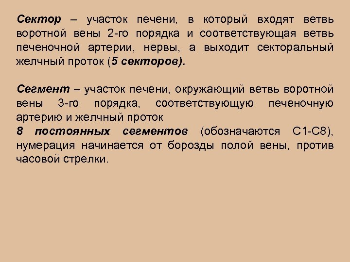 Сектор – участок печени, в который входят ветвь воротной вены 2 -го порядка и