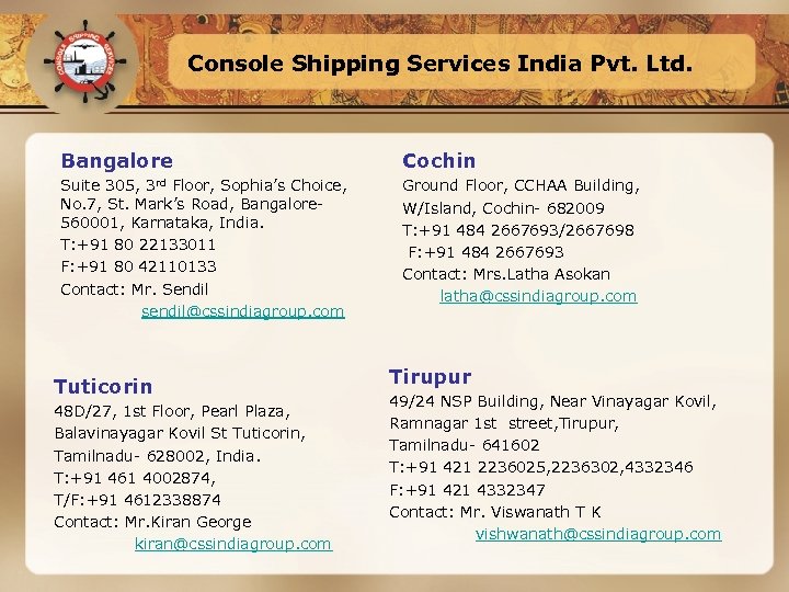 Console Shipping Services India Pvt. Ltd. Bangalore Cochin Suite 305, 3 rd Floor, Sophia’s