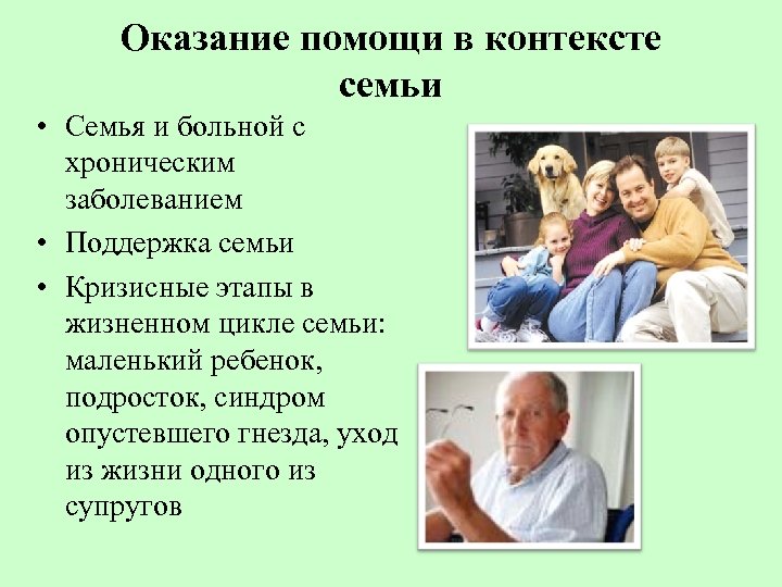 Оказание помощи в контексте семьи • Семья и больной с хроническим заболеванием • Поддержка