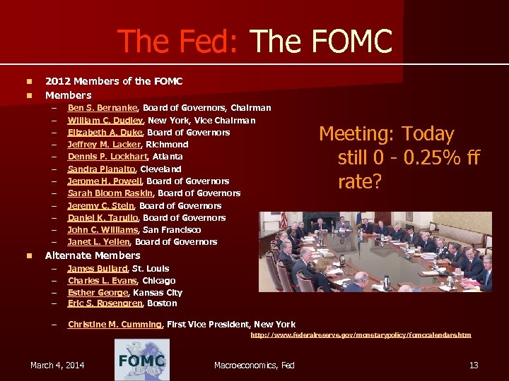 The Fed: The FOMC n n 2012 Members of the FOMC Members – –